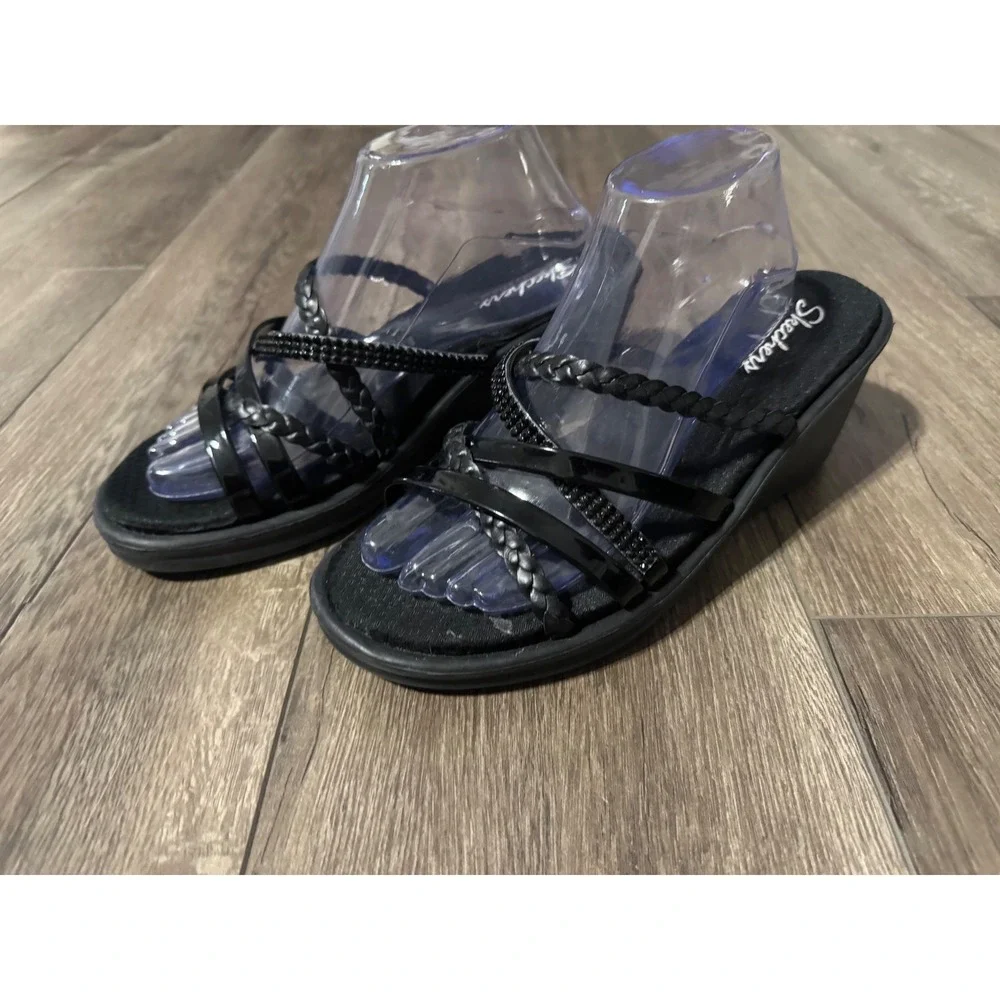 Skechers Memory Foam Black Wedge Sandals‎ Strappy Braided Size 11 Women's